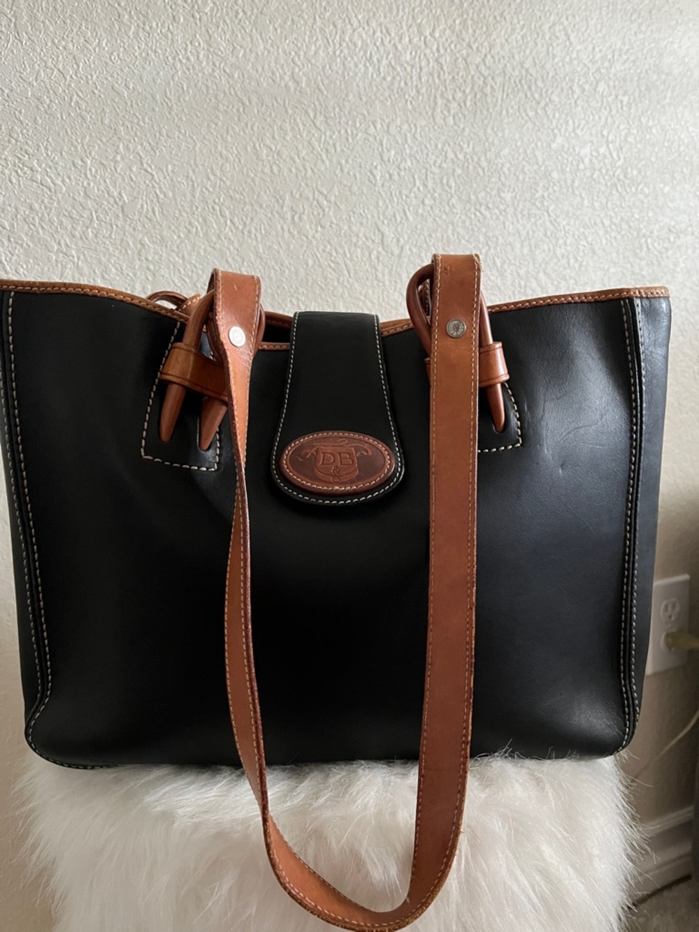 Dooney & Bourke Black Leather Tote with Brown Trim and Strap